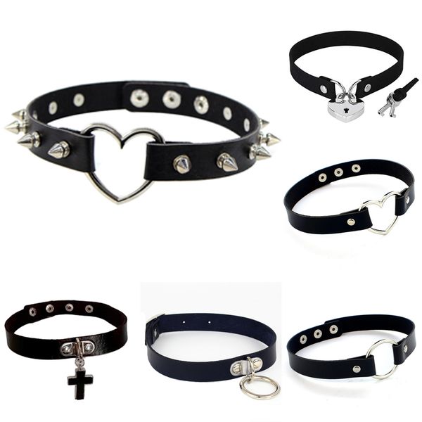 

punk rock heart block key circe gothic chokers женщины мужчины пу кожа спайк заклепки воротник choker ожерелье заявление ювелирные изделия, Silver