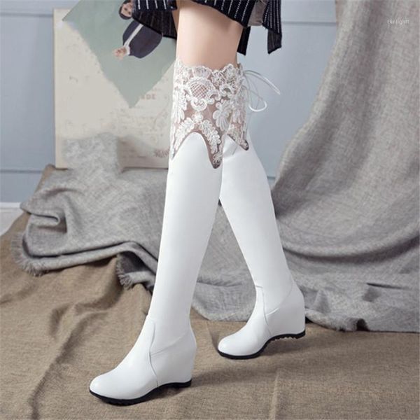 

boots pxelena lace autumn over the knee women shoes black white hidden heels slip on slim fit thigh high plus size 34-431