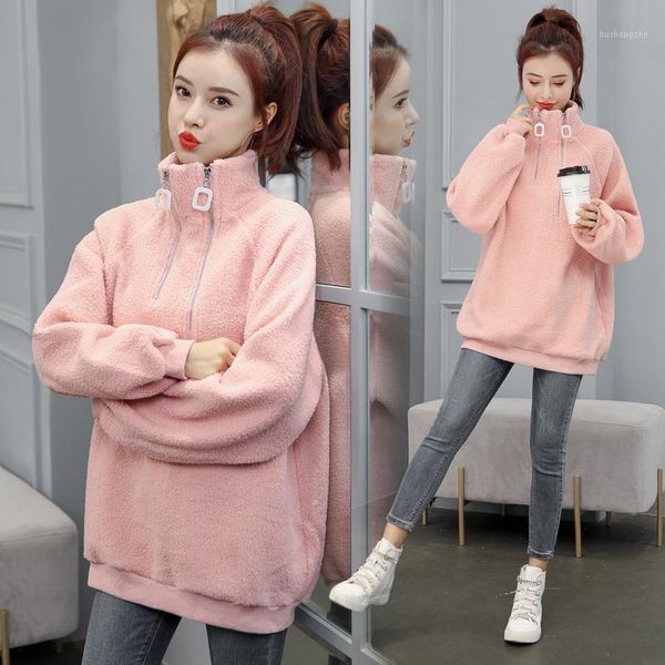 

white lamb wool sweatshirt women's spring and winter new mid-length plus velvet thick lamb wool high collar 1, Black