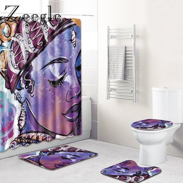 

africa woman printed bath mat and shower curtain set bathroom decor carpet rug microfiber bath foot mat u-shaped toilet rug set