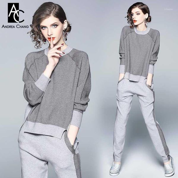 

women's tracksuits autumn winter woman clothing set dark gray light patchwork blouse + drawstring waist pants casual outfit1