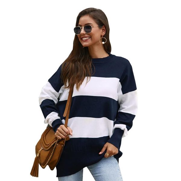 

2020еараригинальный дизайн вязаный свитер полосатый шить верхний повседневная женская свободная мода, White