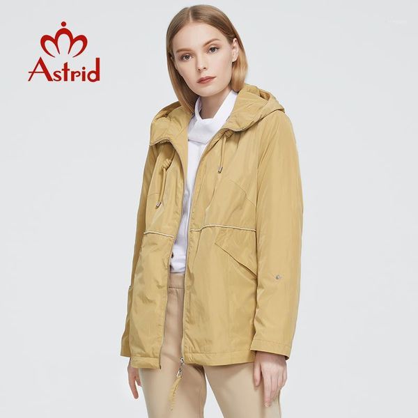 

astrid 2020 new spring autumn trench coat short windproof cotton hooded fashion outwear windbreaker female clothing 93811, Tan;black