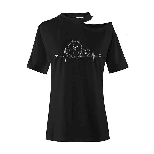 

pomeranian t shirt women short sleeve casual cute heartbeat dog girls woman irregular off shoulders o-neck, White