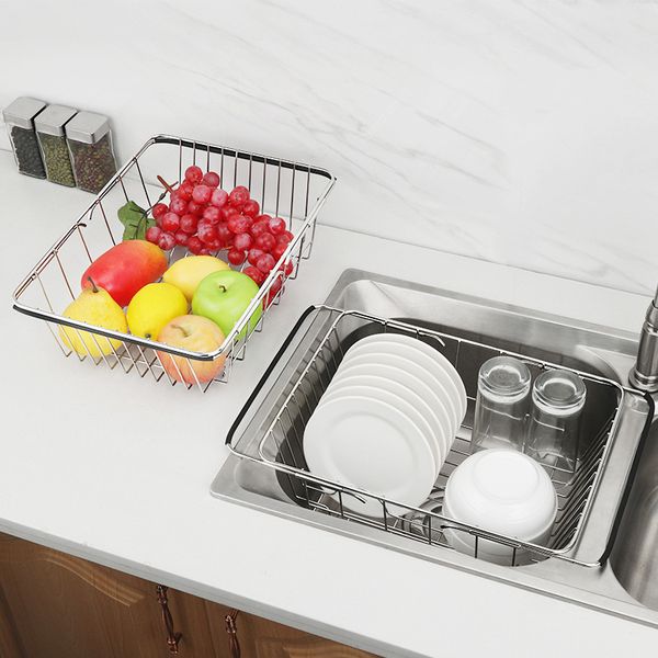 

adjustable over sink dish drying rack stainless steel kitchen storage basket drain holder fruit rustproof bowl dish glass rack