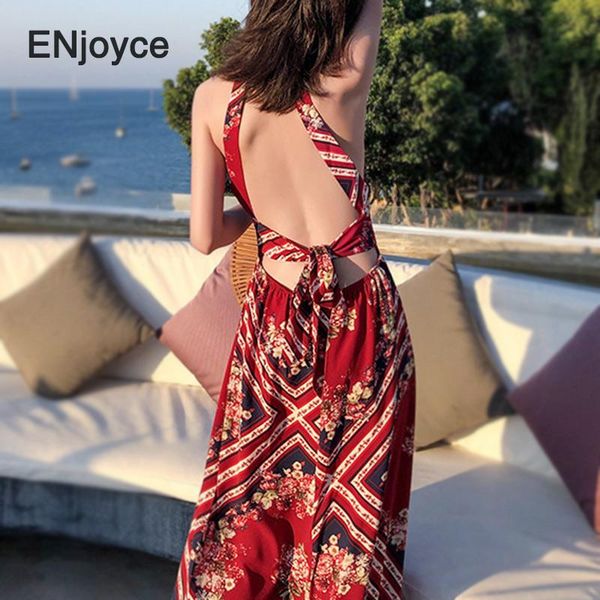 

casual dresses summer ladies bohemian printed off-shoulder halter maxi dress women sleeveless holiday beach style vestidos, Black;gray