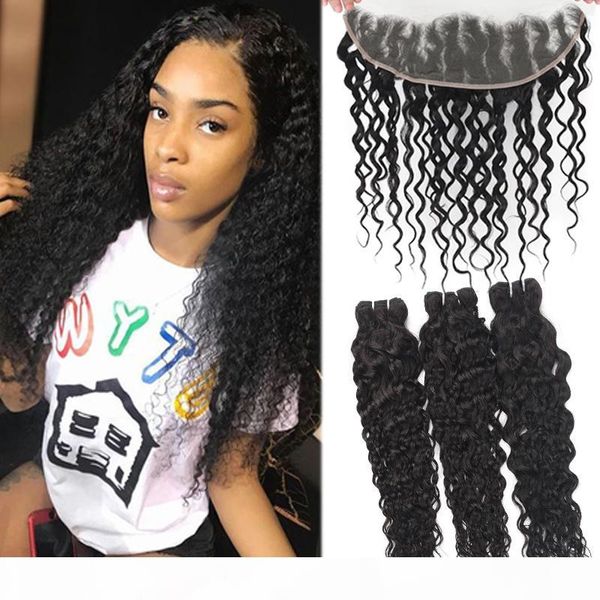 

9a water wave brazilian hair 3 bundles with 13x4 ear to ear lace frontal closure deep straight body loose wave kinky curly with closure, Black