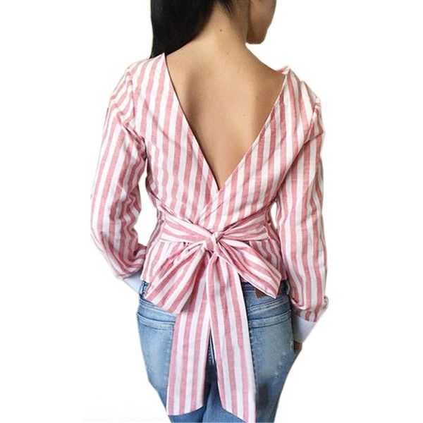 

backless 2020 plus size striped open back deep v long sleeved bandage shirt for women ladies autumn clothes lx008, White