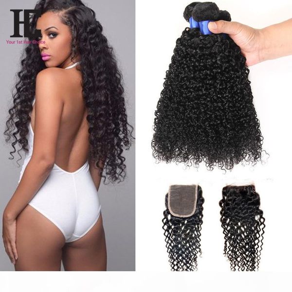 

brazilian curly virgin hair with closure 4 bundles with closure brazilian virgin hair with closure hc human hair extensions, Black