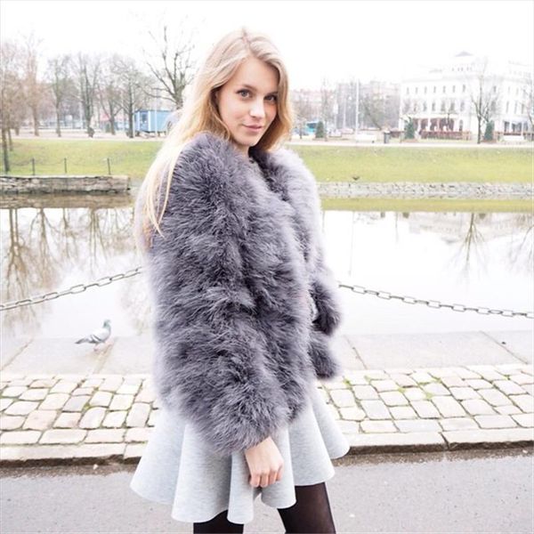 

100% fluffy feather fever fur jackets handmade knitted faux ostrich fur coat women retail wholesale natural jacket, Black