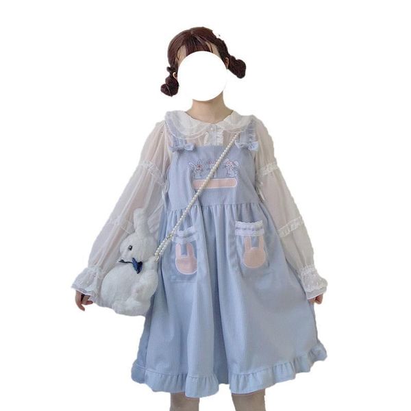 

japanese vintage teens girl corduroy dress mori girl lolita kawaii bunny pink overalls harajuku cute rabbit bow-knot strap dress, Black;gray