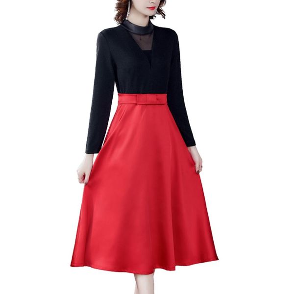 

retro stitching long sleeve a-line skirt fake two-piece dress, Black;pink