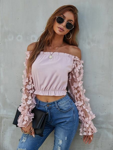 

off the shoulder ruffle trim floral applique sleeve blouse w79e#, White