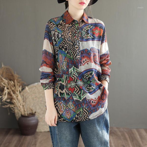 

fashion korean style ladies spring linen and blouses women geometric print shirts loose casual lapel clothes sa057s301, White