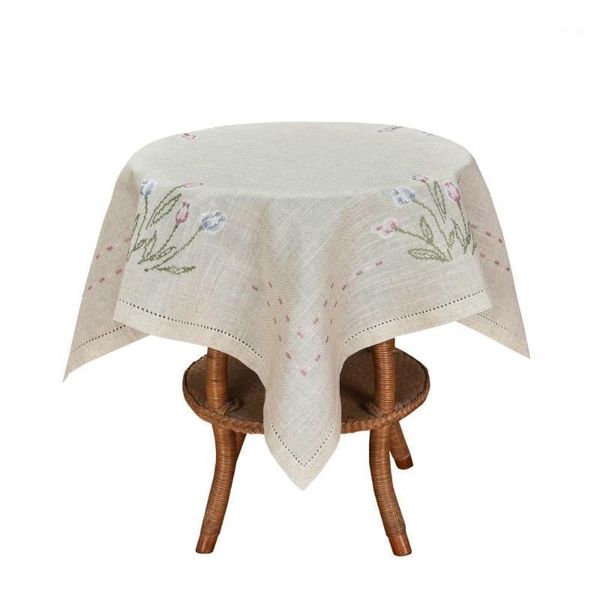 

table cloth [camellia casa] fresh cross-stich tulip tablecloth/placemat,linen look & washable,natural color 36"square home airbnb el1