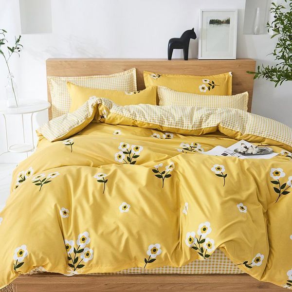 

fashion printing bedding set bed line yellow flowers spring fresh style bed cover flat sheet pillowcase set1