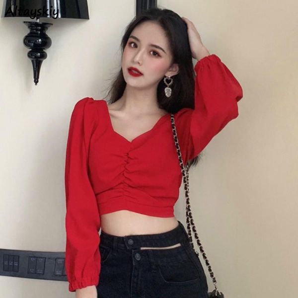

women's blouses & shirts women solid spring arrival retro puff sleeve tunic crop elegant bodycon long shirt korean lady trendy, White
