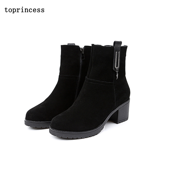 

hn06 incess rounded toe platform boots block heel cow leather fall boots for women zipper classic faux fur 2020, Black