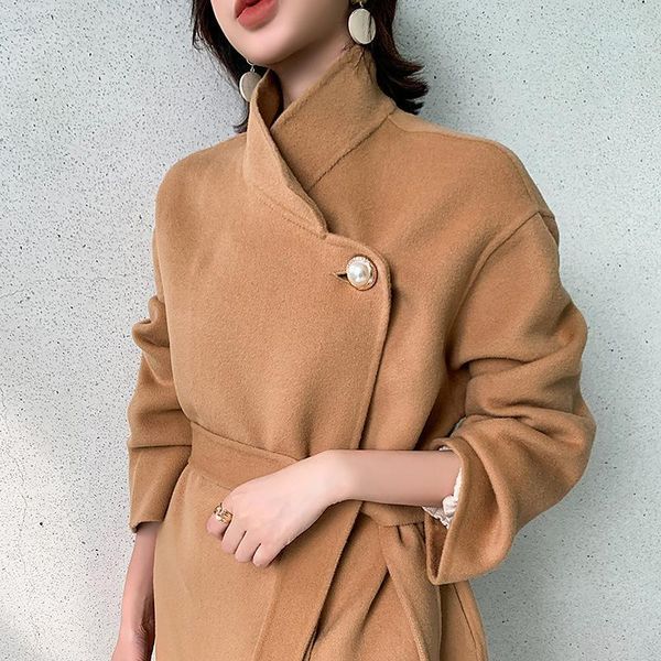 

women's wool & blends 2021 south korea east gate double face cashmere coat women's middle long pearl buckle cocoon woolen coat1, Black