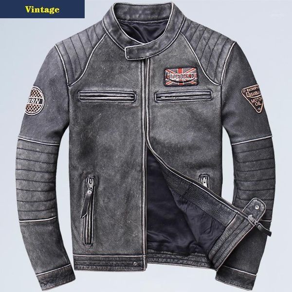 

plus motor brand style vintage men's quality genuine leather jackets slim 100% natural cowhide jacket.leather coat1, Black
