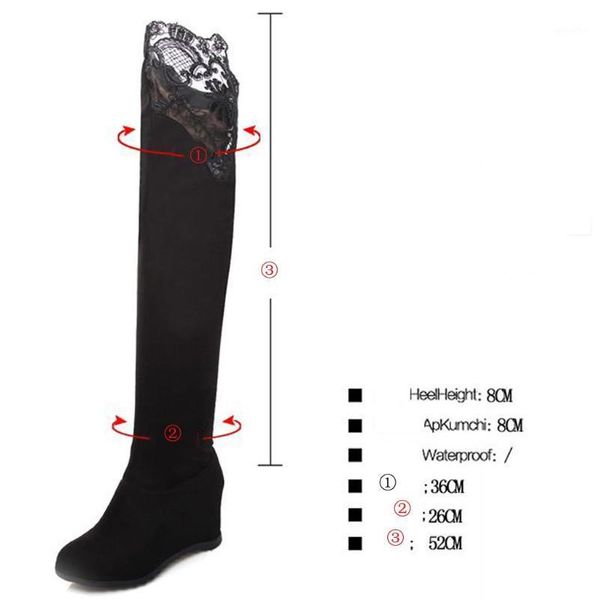 

women's lace knee high boots wedges ladies shoes with thick scrub casual over-the-knee booties plus size 43 botas mujer1, Black