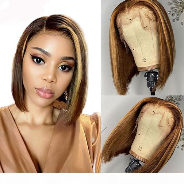 

13x4 straight lace front human hair wigs brown highlight wig 150% remy short bob lace front wigs for black women #4 27