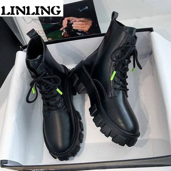 

round toe lace up boots booties ladies brand women's shoes flat heel winter boots-women black fashion rock riding 2021 lolita
