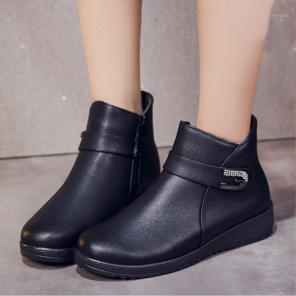 

women snow boots warm plush ladies metal buckle sewing platform shoes female casual footwear fashion comfortable 20201, Black
