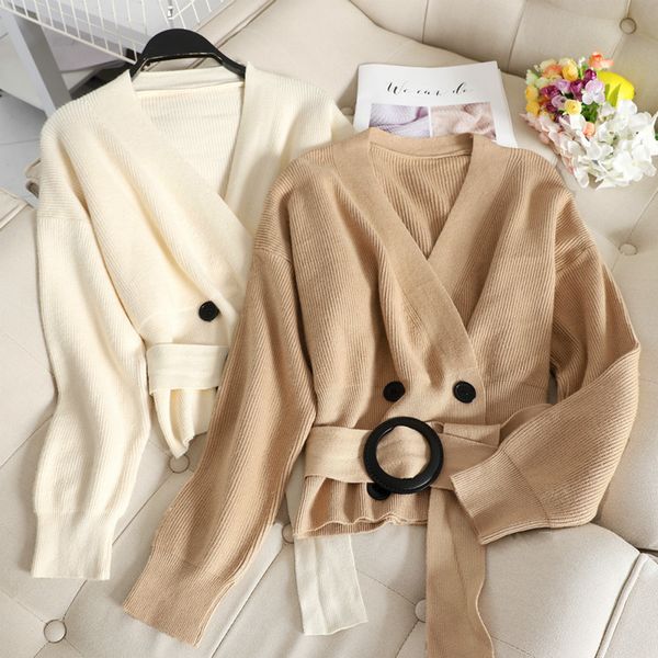 

long sleeve v-neck pull femme casual belt short knitted cardigan women apricot black botton warm korean ladies sweater c1120, White;black