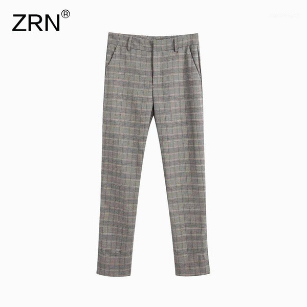 

women's pants & capris zrn women fashion vintage office wear side pockets check 2021 high waist zipper female ankle trousers mujer1, Black;white