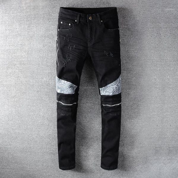 

fashion streetwear men jeans black color spliced designer ripped jeans men hip hop pants patchwork biker homme1, Blue