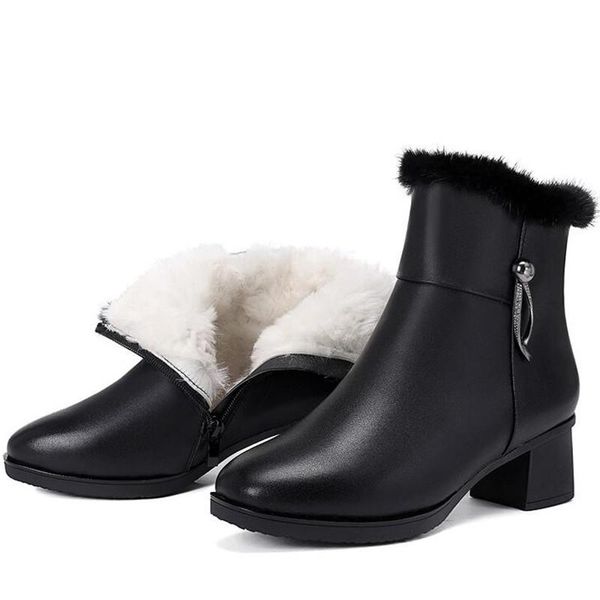 

boots elegant fashion winter snow warm shoes woman genuine leather inside plush wool ankle thick heel plus size, Black