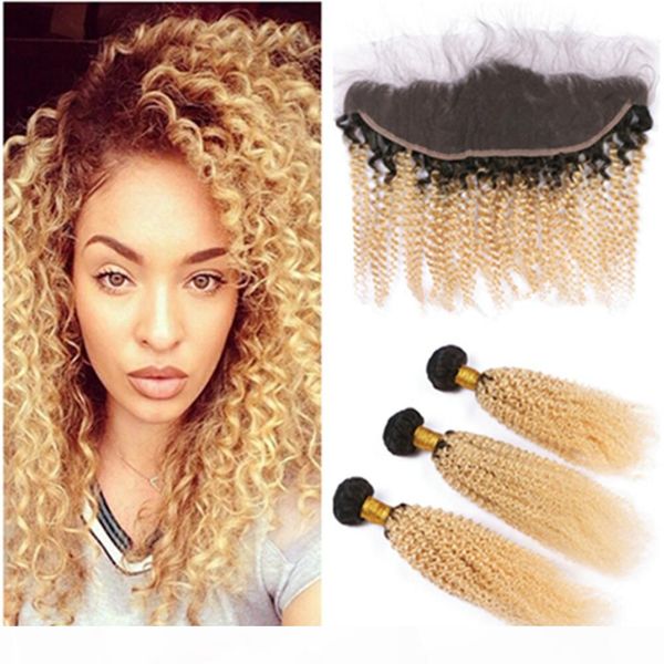 

#1b 613 blonde ombre malaysian human hair weaves with lace frontal kinky curly 2tone ombre 3bundles with 13x4 ear to ear frontal, Black;brown