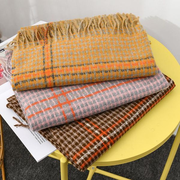 

royalmaybe autumn and winter women's new imitation cashmere scarf warmth tassel shawl warmth padded bib color grid scarf, Blue;gray