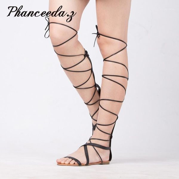 

new 2019 shoes women sandals casual flat lace up knee high boots gladiator tie string good quality summer style1, Black