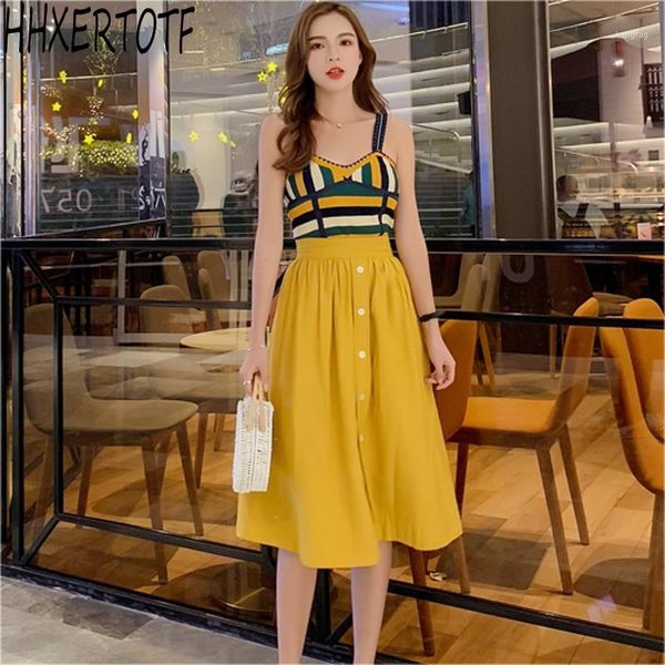 

2020 summer fashion women sets elegant hit color knitted + single breasted a-line skirts casual suits1, White