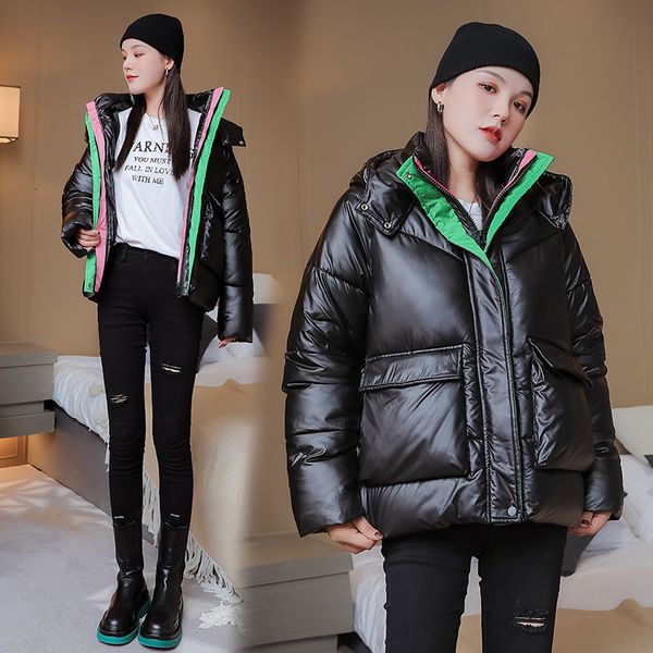 

autumn winter 2020 new fashion bright face down short colorful cotton padded jacket korean loose, Black