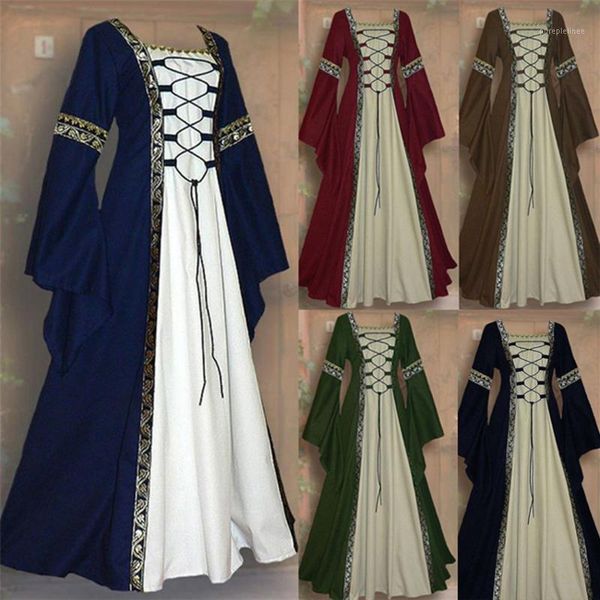 

medieval square-collared long-sleeved dress halloween party princess cosplay lace-up long dress retro maid clothing1, Silver