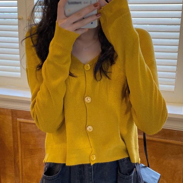 

spring/autumn v neck knitted cardigan women knitwear button casual long sleeve fall outfits sweaters for women solid jumper, White