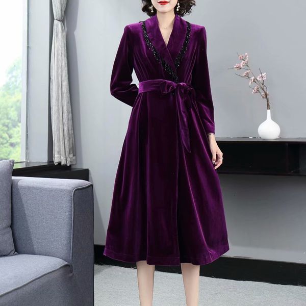 

2021 new autumn style with low v velvet belt cleavage fine fit temperament mid-length pocket coat dress women's clothes fszq, Black;gray