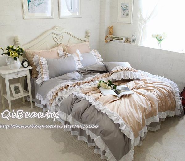 

bedding sets korean version of pure color hand-embroidered ruffled cotton bed skirt quilt cover four-piece comfortable