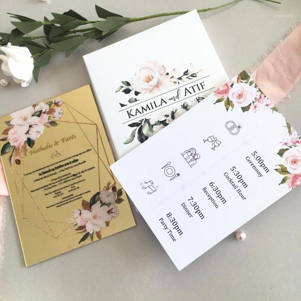 

10pcs luxury wedding invitation cards with box wedding favor decoration personaize mirror gold invitations with paper cards1