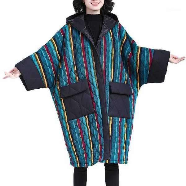 

superaen 2020 new casual big size women's clothing winter loose long coat cotton-padded jacket thick striped hooded parkas1, Black