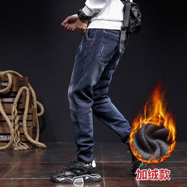 

trend small foot harlem single pants and plush jeans in winter of 2019, Blue