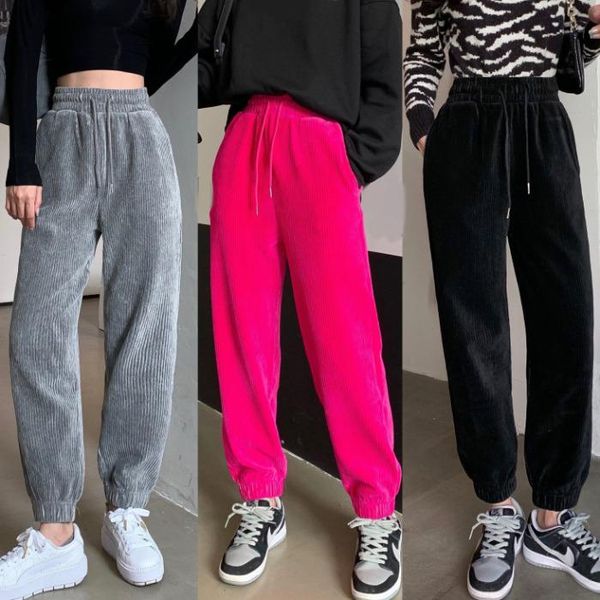 

casual pants autumn / winter 2021 new fashion pit corduroy pants high waist corset loose sports women's wear, Black;white