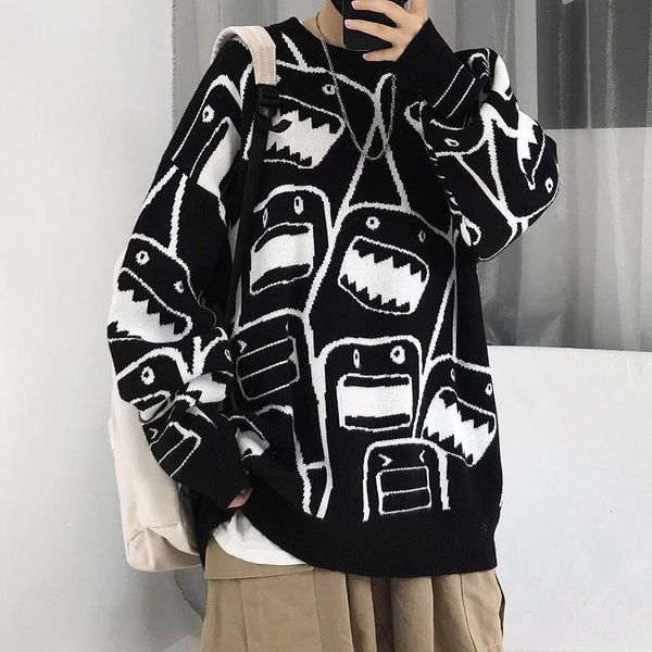 

2020 korean jacquard men's and women's sweater coat hand hook cocoon pullover top, White;black