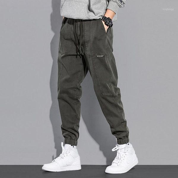 

fashion streetwear men jeans loose fit spliced designer casual cargo pants elastic waist hip hop joggers wide leg harem trousers1, Blue