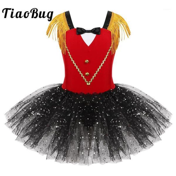 

kids girls halloween ringmaster circus costume tassel sequins mesh tutu ballet dress gymnastics leotard performance dance wear1, Black;red