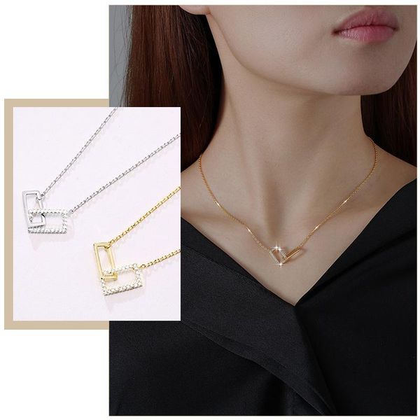 

chokers chic interlocking double square paper clip pendant necklaces for women, clavicle collar wedding party bridesmaid jewelry, Golden;silver