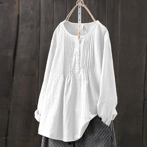 

plus size women solid blouse casual fold shirt round neck button blouse long sleeve chemise blanche femme woman, White